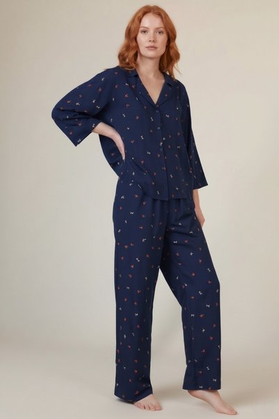 Laperissa Navy Blue Viscose Woven Pajama Set with Ribbon/Bow and Flowers