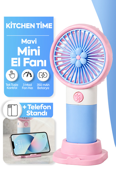 Kitchen Time Pembe Çiçek Tasarım 3 Kademe Sessiz Mini El Masa Fan Vantilatör ...
