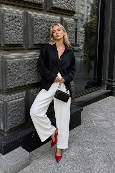 Black Fashion V Yaka Oversize Siyah Modal Gömlek