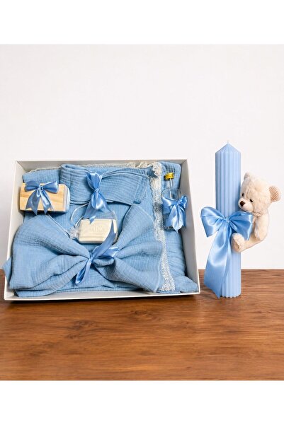Botez Set trusou muselina si lumanare blue cu ursulet