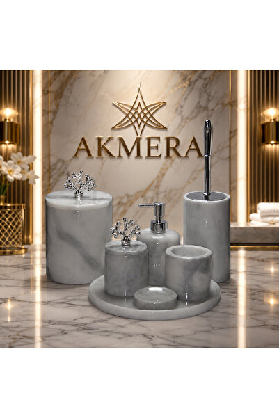 Akmera Home Gerçek Mermer Gri Gölgeli 7 Parça Ultra Lüks Banyo Seti