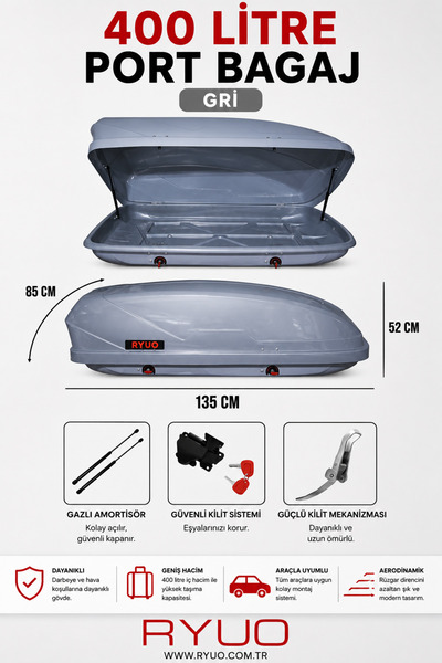 RYUO ARAÇ ÜSTÜ TABUT PORT BAGAJ 400 LİTRE GRİ
