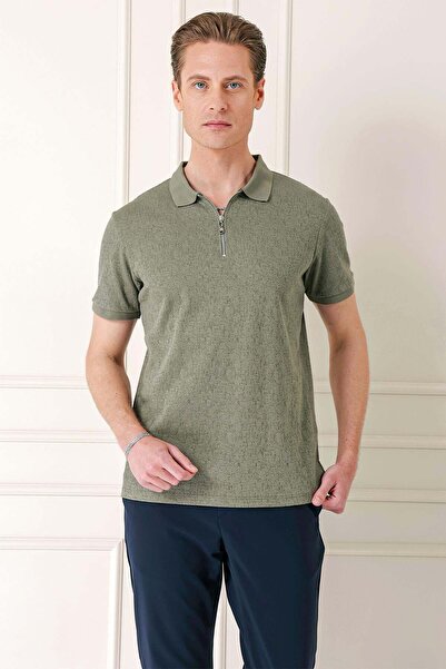Efor Slim Fit %100 Pamuk Fermuarlı Polo Yaka Haki Tişört TS 877