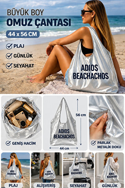 nobag Metalik Gümüş Oversize Shopper Çanta – Büyük Boy Omuz / Plaj / Alışveri...
