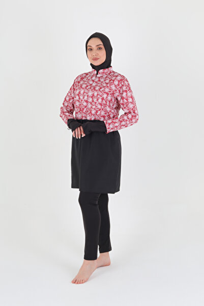Rosto Fashion Kırmızı Soyut Desenli Tam Kapalı Tesettür Mayo Beli Ayarlanabil...