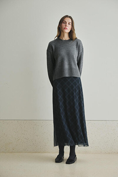 BE BLUE Dark Blue Plaid Patterned Tulle Skirt