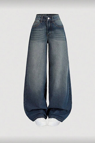 KOTOLOG Navy Blue Washed Loose Wide Leg Baggy Jean Παντελόνι Rotro