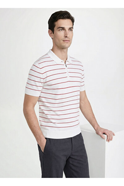 Fabrika Beyaz - Kırmızı Erkek Çizgili Slim Fit Triko Kazak F6SM-KZK 2407