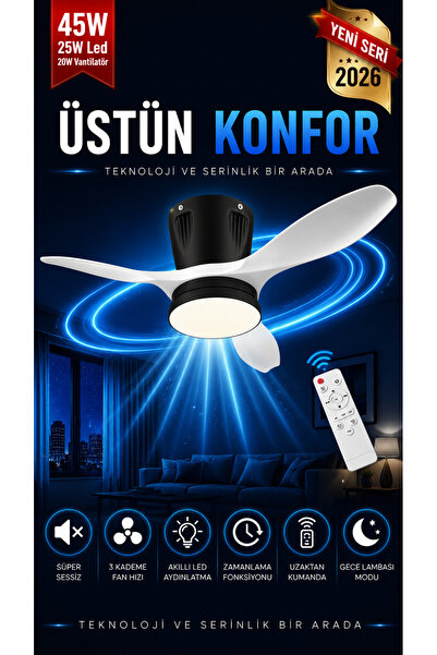 Goes Modern Led Işıklı Tavan Vantilatörü 3 Renk Işık 3 Kademe Hız Sessiz Siya...