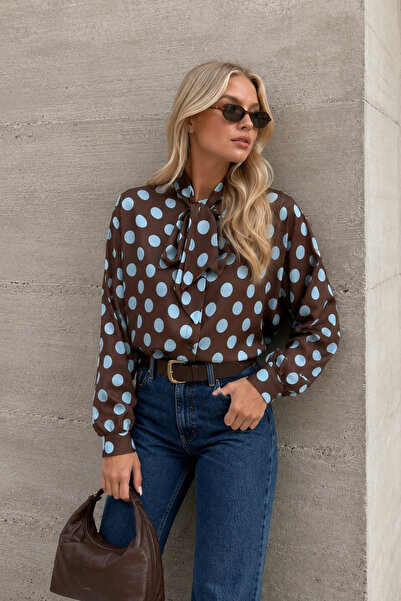 Black Fashion Puantiye Desen Fular Detay Kahverengi Gömlek