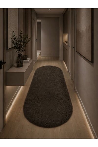 SAYMİNE KUZU POST PELUŞ PREMİUM KALİTE ELİPS MODEL YUMUŞAK TÜYLÜ HALI - KAHVE...