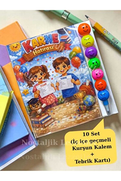 Nostaljik Lezzetler Karne Hediyesi 10 Set Kurşun Kalem ve Tebrik Kartı
