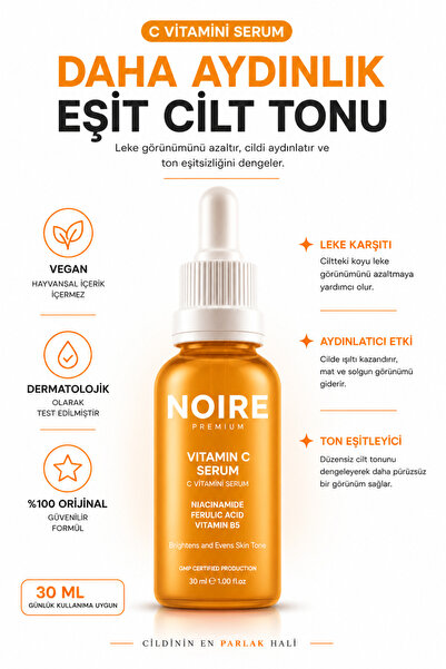 NOIRE PREMIUM Leke Karşıtı Aydınlatıcı C Vitamini Serum Glutatyon, %20 Askorb...