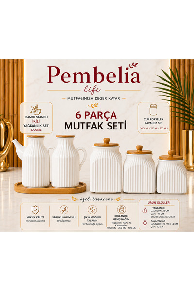 Pembelia Life Set of 2 6 Pieces Striped Porcelain 1000ml Oil Pot with Stand a...