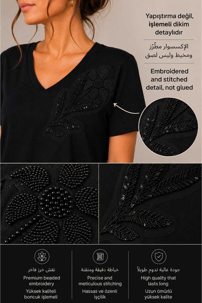 Benedetto New Season Modal Cotton Women's V-Neck Floral Embroidered Stoned Basic T-Shirt Short Sleeve Casual