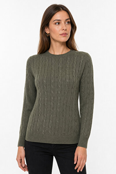 Desen Triko Women's Crew Neck Braided Hair Sweater Mint