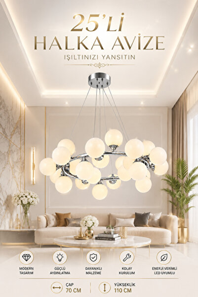 Elvora Home Modern (PREMİUM) Halka Avize 25 Opal Küreli Krom Sarkıt Salon Yem...