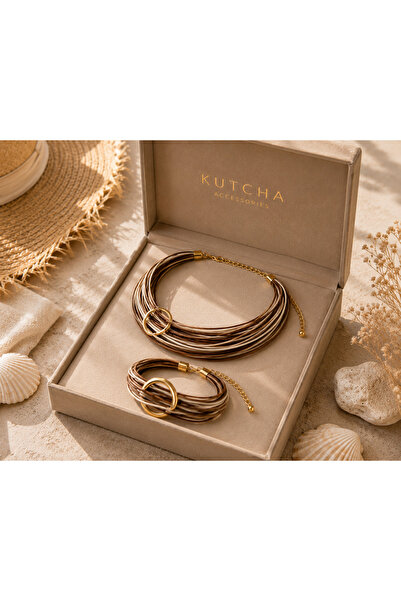 Kutcha Accessories Kahverengi Krem Kolye Bileklik Takı Seti