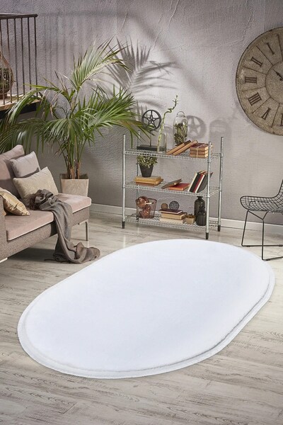 Valery Home Vl Oval Comfort Düz Saçaklı Peluş Halı Beyaz