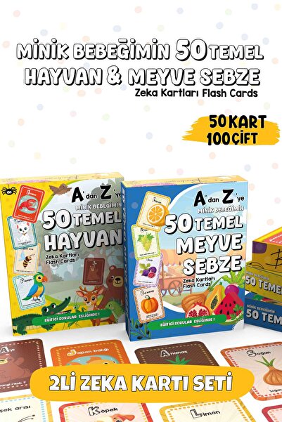 Bunbaza 2’li Zeka Kartı Temel 50 Meyve, Sebze ve Hayvanlar Kartı Flash Kart 1...