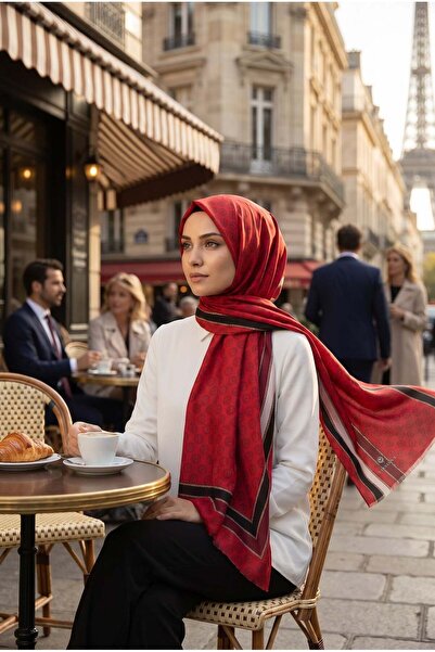 Vissona %100 İpek Monogram Desenli Kırmızı - Siyah Renkli 92x210 Şal