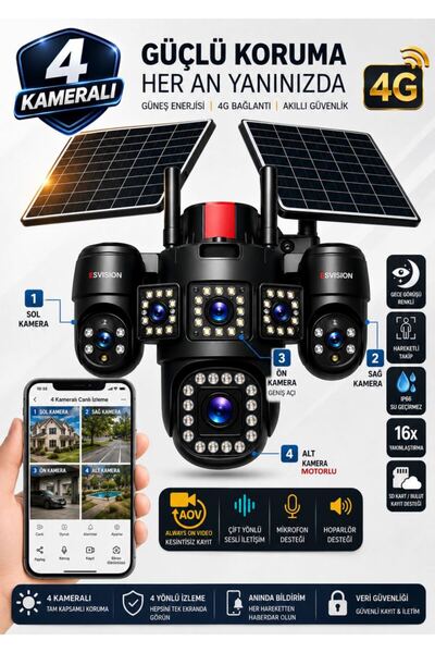 Esvision 7021 4 Lensli 4G Çift Solar Panel 16X Zoom HiEasy AOV Gece Görüş Çif...