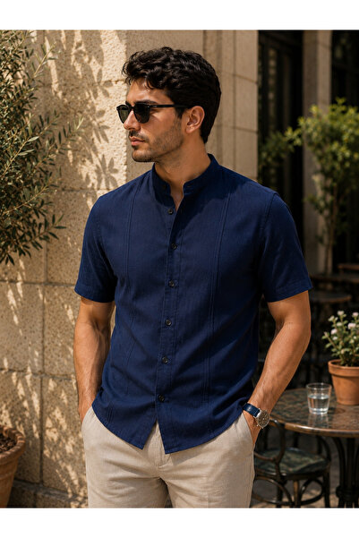 COLVIS MAN Erkek Slim Fit Dar Kalıp Kısa Kol Keten Hakim Yaka Hediye Kutulu G...