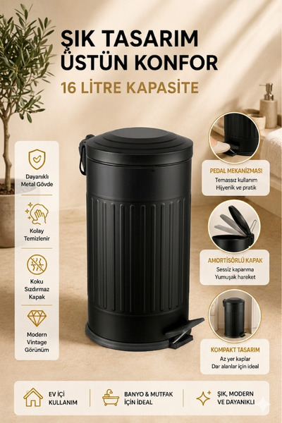 coverest Coș de gunoi negru din seria Vintage de 16 litri cu capac amortizor ...