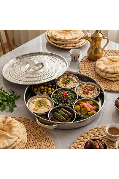 Generic طقم صحن فطور ستانلس ستيل 9 قطع مقسم مع غطاء مقاس 47 سم