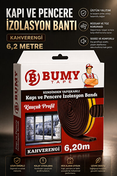 BUMY Yapışkanlı 6,2 Metre (KAHVERENGİ) Kapı Pencere Bandı Fitili Soğuk Izolas...