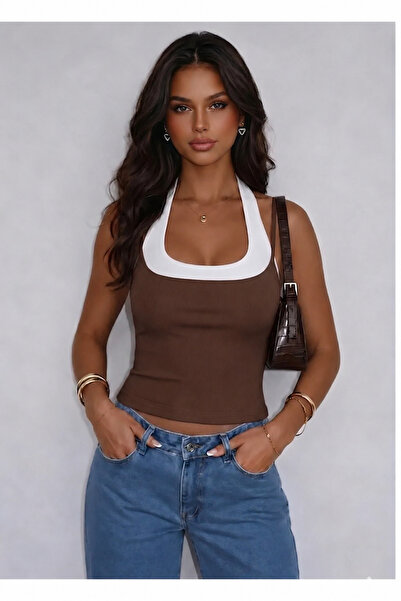 ÖZ PAMUK Cotton Women's Halter Neck Double Color Soft Blouse Undershirt