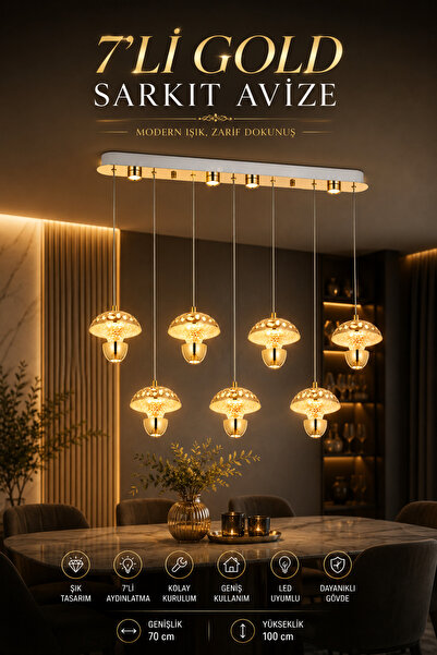 Elvora Home Modern (PREMİUM) Gold 7'li 3 Renkli LEDli Sarkıt Avizesi Uzun Mut...