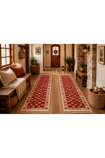 OEM Covoare tradiționale 1+1, dimensiune 60x200 cm, roșu și crem,