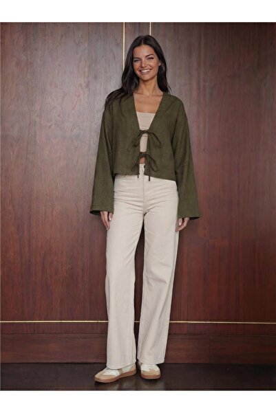 WeShaya Khaki Viscose Textured Off-Shoulder Tie-Up Crop Form Linen Kimono