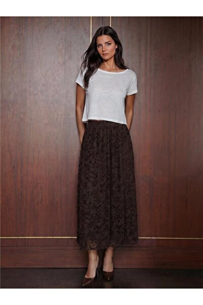 WeShaya Brown Cotton Lined Flocked Printed Long Straight Cut Skirt with Linin...