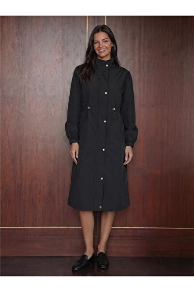 WeShaya Black Polyamide Lined Long Sleeve Trench Coat with Drawstring Detail ...