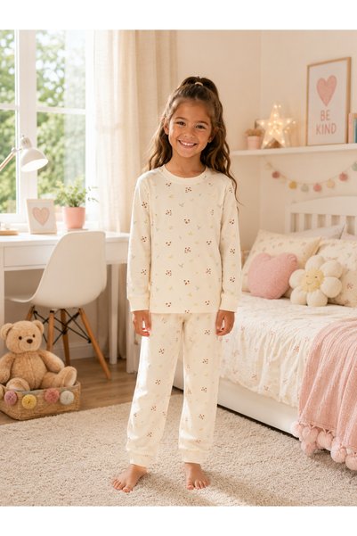 Pajama Shop Girl's 100% Cotton Fabric Beige Color Flower Patterned Long Sleev...