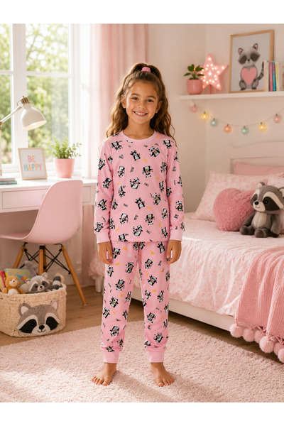 elmas kids Σετ χειμωνιάτικων πιτζάμες για κορίτσια 100% ροζ ρακούν με μακρυμά...