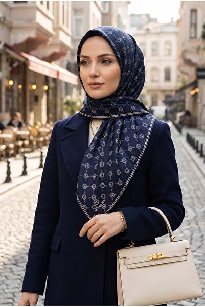 Vissona 100% حك الحرير حرف واحد فقط منقوشة اللون الأزرق الداكن 90x90 وشاح شكل...
