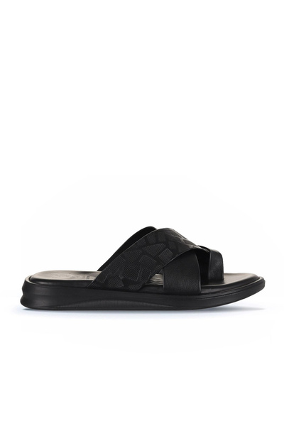Bueno Shoes شبشب مسطح من الجلد الأسود المطبوع للرجال 25mt2232