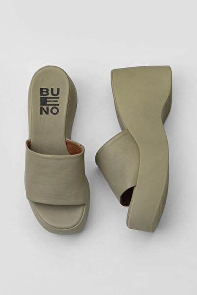 Bueno Shoes Papuci de damă din piele kaki cu toc compensat 01wy9000