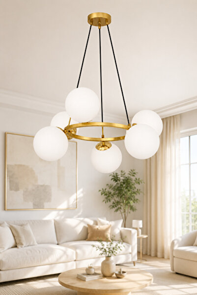 ESSLİGHT Kayra 6’lı Eskitme Beyaz Camlı Modern Salon Mutfak Yatak Odası Avizesi