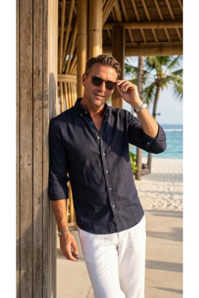MEGALDİ Erkek Linen Keten Slim Fit Lacivert Uzun Kollu Gömlek