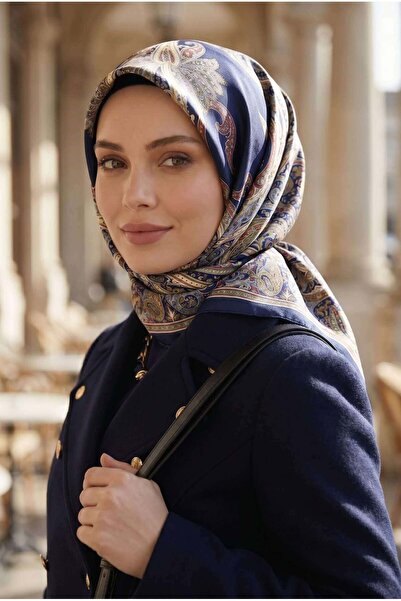 Vissona %100 Twill İpek Şal Desenli Lacivert Renkli 90x90 Eşarp Dikim Şekli :...