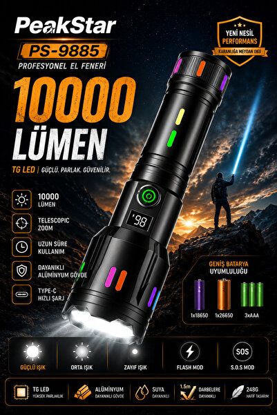 PeakStar Ps-9885 Ultra Parlak Su Geçirmez Zoomlu Güçlü 50w 10000 Lümen Şarjlı...