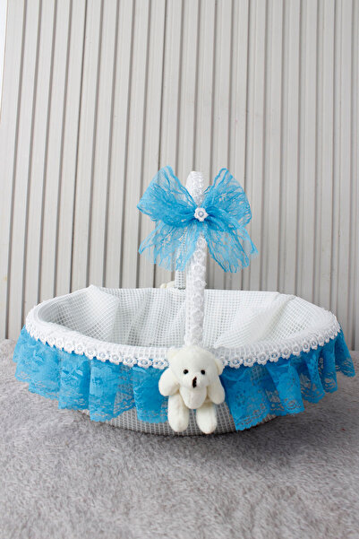 Turquoise Lace Teddy Bear Baby Basket - Baby Shower, Newborn, Mevlüt, Forty Fly, Gift