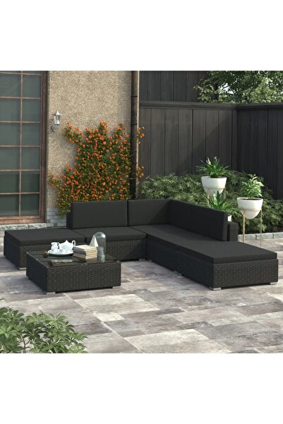 Concept Set mobilier de grădină cu perne, 6 piese, negru, poliratan