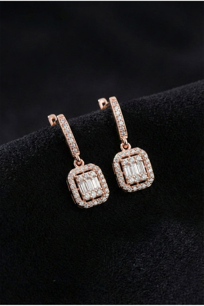 Roza Silver 925 Ayar Zirkon Taşlı Rose Üç Sıra Sallantılı Baget Gümüş Küpe