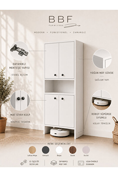 BBF Furniture 4 Kapaklı Çok Amaçlı Dolap %100 MDF Ayarlanabilir Raflı Kiler A...