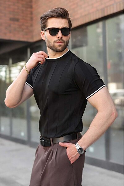 Madmext Siyah Bisiklet Yaka Regular Fit Triko Erkek Tişört E7487